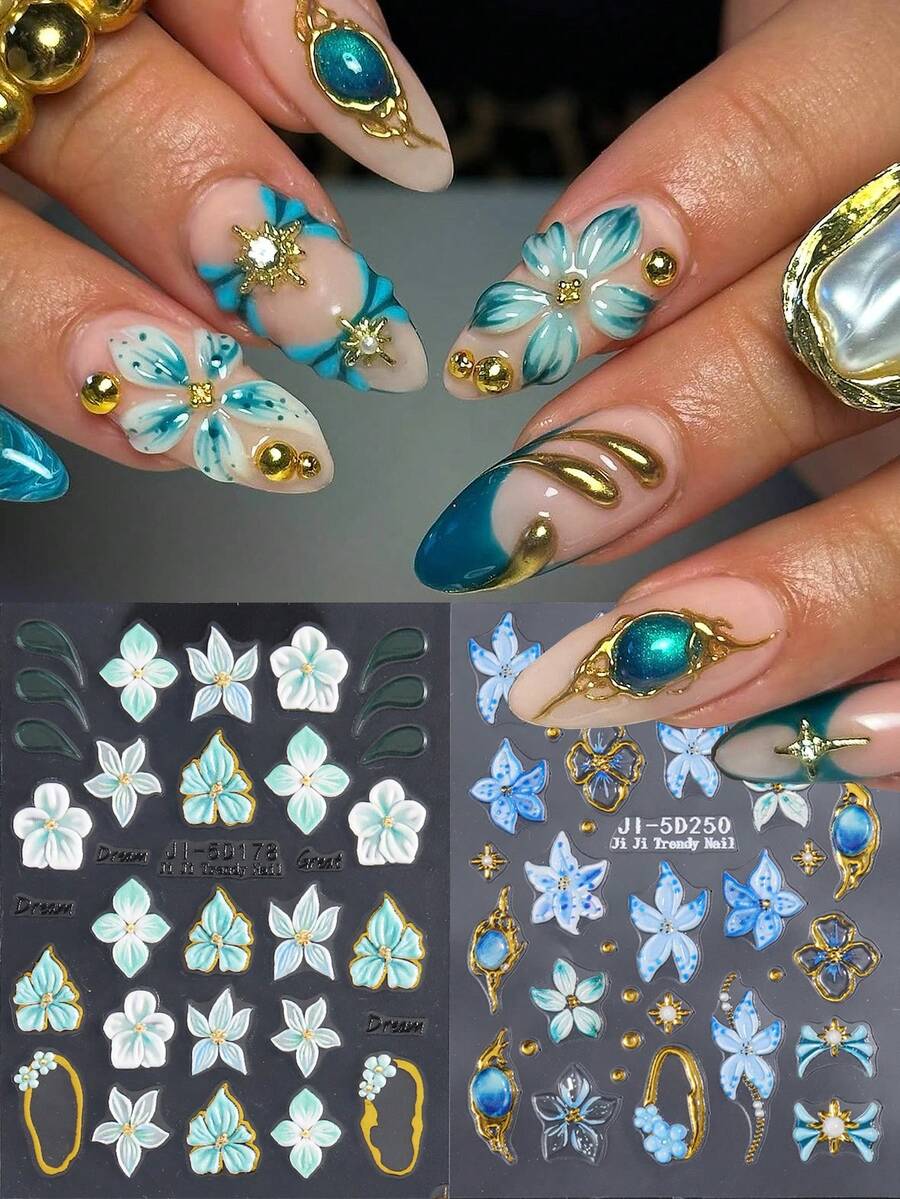 蓝绿色芙蓉百合花美甲贴纸,3D立体浮雕夏威夷热带花卉渐变美甲贴花,夏季DIY巴洛克美甲沙龙设计配件 - 彩色 - 查看 1