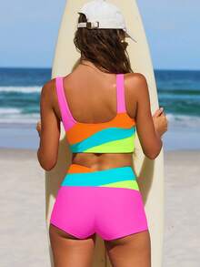 popvil Bộ bikini thể thao phối màu dành cho nữ, kiểu quần đùi ngắn, cạp cao, hai mảnh. - Nhiều màu - Xem 2