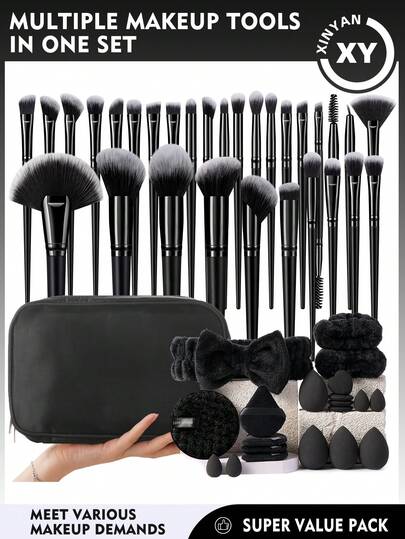51PCS Makeup Tools Set Including:30PCS Makeup Brush Set+1pc Storage Bag+4PCS Makeup Sponges+4PCS Mini Makeup Sponges+4PCS Triangle Powder Puffs+4PCS Mini Air Cushion Powder Puffs+1pc Hairband+2PCS Hand Bowl Strap+1pc Facial Cleansing Sponges