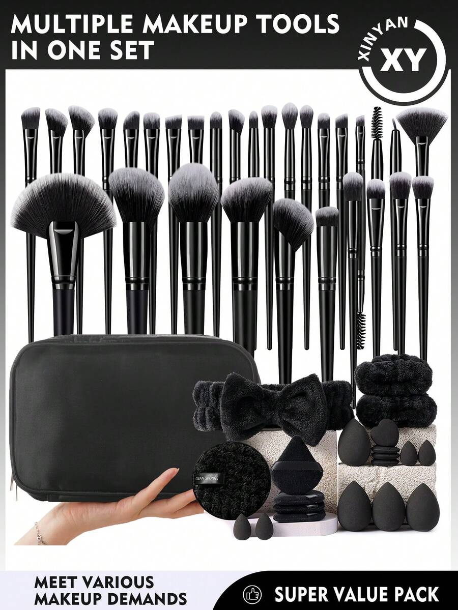 51PCS Makeup Tools Set Including:30PCS Makeup Brush Set+1pc Storage Bag+4PCS Makeup Sponges+4PCS Mini Makeup Sponges+4PCS Triangle Powder Puffs+4PCS Mini Air Cushion Powder Puffs+1pc Hairband+2PCS Hand Bowl Strap+1pc Facial Cleansing Sponges - Black - View 1