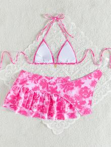 wohenmeili Bộ bikini gợi cảm mùa hè dành cho nữ, họa tiết hoa, kiểu buộc dây cổ, kèm áo khoác ngoài và váy. - Hoa màu hồng - Xem 8