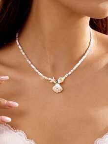 1pc Pink Shell, Starfish & Seashell Beaded Necklace - White - View 3