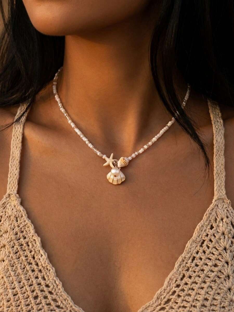 1pc Pink Shell, Starfish & Seashell Beaded Necklace - White - View 1