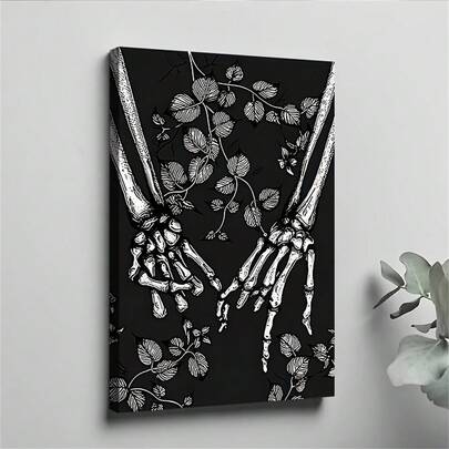 1pc Skeleton Hands& Floral Framed Canvas Wall Art- Waterproof Print, Bohemian Contemporary Rustic Decor For Bedroom Bathroom Home- Unique Holiday Gift For Him Or Her, Bathroom Art Piece| Skeleton Hand Art| Wall Print