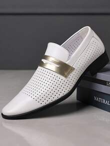 1 Pair Men's Pointed Toe PU Leather Rubber Sole Comfortable Business Casual Perforated Loafers, Suitable For Business Occasions - White - View 1
