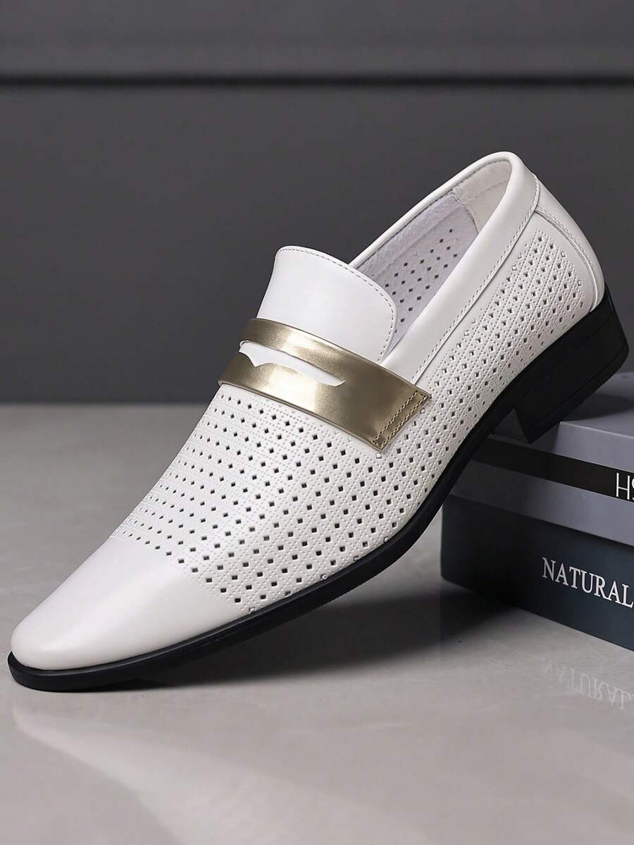 1 Pair Men's Pointed Toe PU Leather Rubber Sole Comfortable Business Casual Perforated Loafers, Suitable For Business Occasions - White - View 1