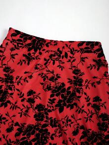 EARO 女士时尚丝绒印花优雅百搭显瘦A字裙度假春季款 - 大紅杏色 - 查看 10