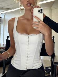 Womens Spaghetti Strap Sculpting Corset Top, Off Shoulder Zip Front Slim Fit Tank For Going Out And Party Wear - White - View 1