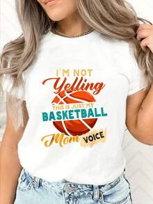 Camiseta con estampado de baloncesto, de manga corta y cuello redondo, top casual para verano y primavera, ropa de mujer - Blanco - Ver 6