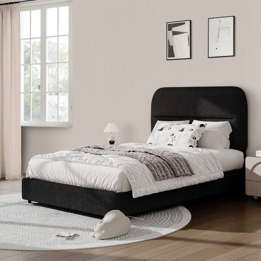 Queen Bed Frame With Headboard, Boucle Upholstered Soft Platform Bed Frame With Thickened Footboard, Rounded Corners Design, Twin/ Full/ Queen/ King, Grey/ White/ Beige/ White/ Black - 黑色 - 查看 1