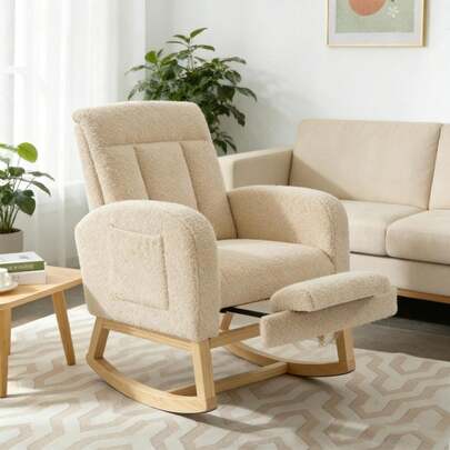 Hodeffior Modern Soft Rocking Recliner Chair With Adjustable Footrest,High Back Glider With Side Pocket, Teddy Recliner Chair With Comfortable Stuffed Upholstery For Living Room, Bedroom, Nursery