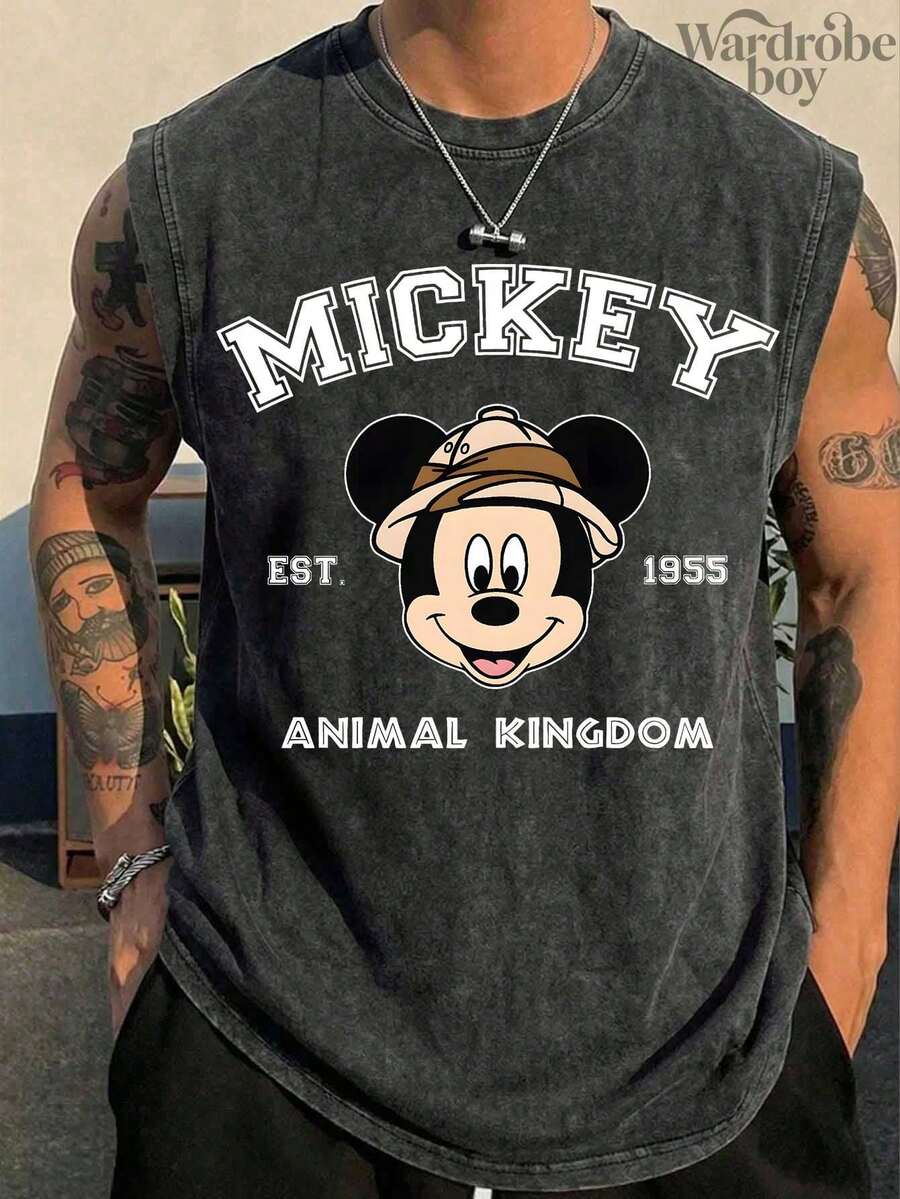 Disney Printed Wash Water Vest,Men's Disney Classic Mickey Pirate-Themed Print Vest,Unisex,High-Quality Pure Cotton  Vest,Suitable For All Seasons, Comfortable And Breathable| Exquisite Design | The Best Choice For Giving Gifts - 黑色 - 查看 1