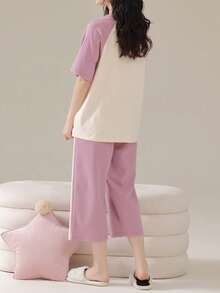 AICJ Bộ 2 món đồ mặc nhà nữ màu trơn tay raglan, quà tặng Ngày của Mẹ, áo ngủ cổ tròn in hình gấu hoạt hình và quần short kẻ caro, thích hợp cho mùa xuân/hè. - Màu tím hoa cà - Xem 2