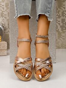 Sandal Kasual Wanita Model Baru Musim Panas Warna Rose Gold, Serbaguna, Minimalis, Ringan, Nyaman, dengan Ujung Bulat dan Terbuka. - Rose Gold - View 6