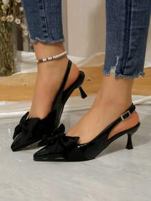 Women's Burgundy Pointed Toe Bow Tie High Heel Shoes, Hollow Out Stilettos, Elegant Backless Sandals, Breathable Comfortable Party High Heels - Black - View 4