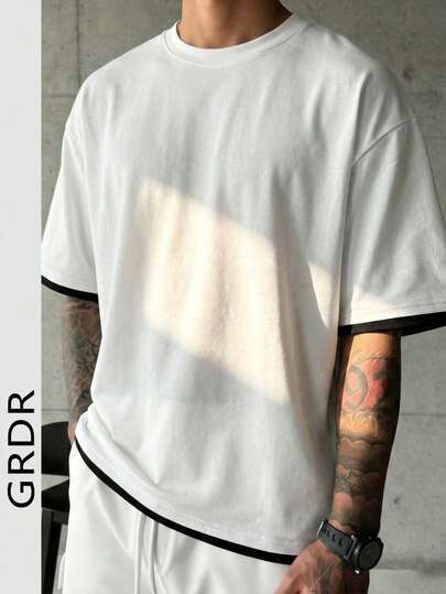  GRDR Men's Summer Colorblock Round Neck 2 In 1 Short Sleeve T-Shirt, Casual &