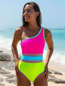 popvil Women's Color Block One-Piece Swimsuit With Mesh Waist, Beach Vacation - Multicolor - View 2