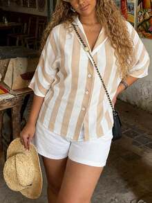 Áo sơ mi kẻ sọc đơn giản, rộng rãi, thời trang, đa năng dành cho nữ cỡ lớn mùa xuân và hè, áo kiểu thường ngày cho nữ, trang phục đi nghỉ mát cho nữ - Màu be - Xem 3