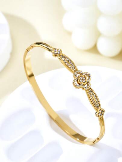 TONSI 1pc Luxury Minimalist 18K Gold Plated Stainless Steel Bracelet With Zirconia Four-Leaf Clover, Lucky Flower, Trefoil, Suitable For Women's Daily, Commute, Party Wear, Gift For Lover, Friend, Mother