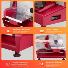 250W Meat Slicer Machine For Home, Electric Food Slicer With Stainless Steel Tray & Three 7.5" Stainless Steel Blade, 0-15mm Precise Thickness Meat Slicer For Bread Fruit Vegetable (Red) - Red - View 6