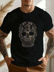 Black T-Shirt With Skull And Rhinestone Motif, Premium Material, Crew Neck, Comfortable Fit, Casual - Black - View 1