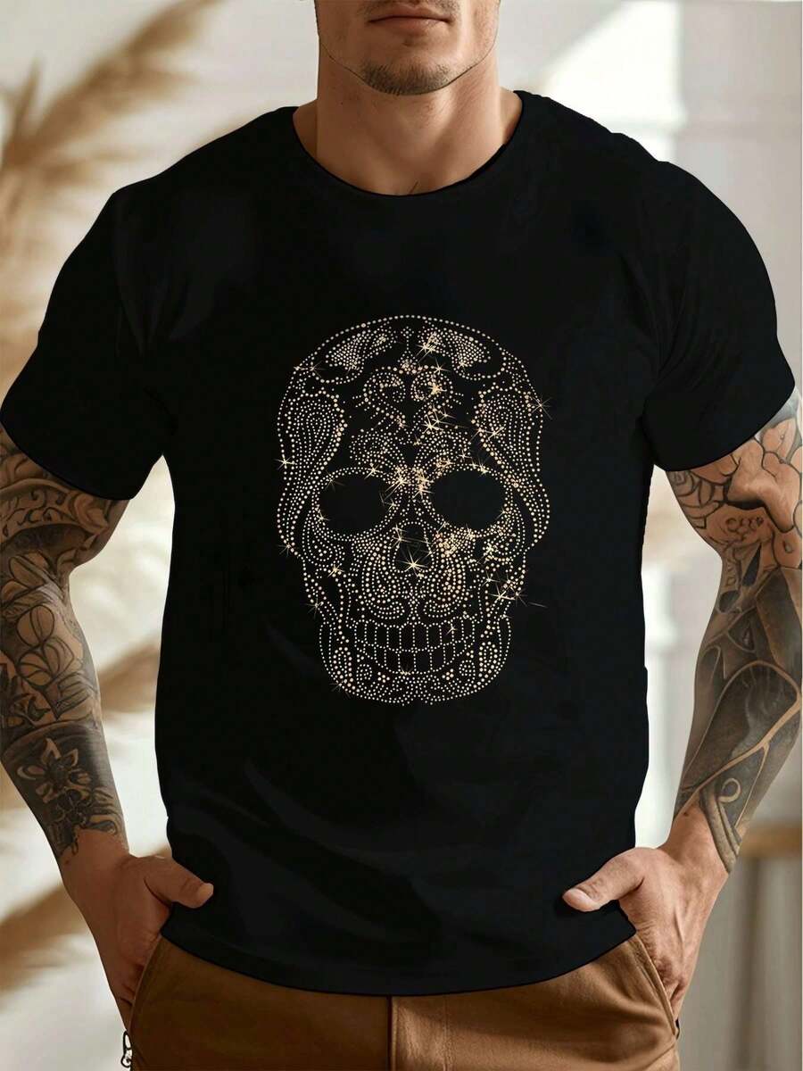 Black T-Shirt With Skull And Rhinestone Motif, Premium Material, Crew Neck, Comfortable Fit, Casual - Black - View 1