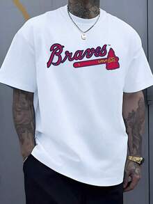 1pcs Braves Letter Graphic Men's 220g Sports T Shirt Casual Streetwear 100% Cotton Tee Vintage Style Digital Printed T Shirt - 白色 - 查看 1
