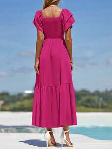 Women's Summer Casual Dresses Square Neck Ruffle Short Sleeve High Waist A-Line Wedding Dresses - Màu Hồng Tươi - Xem 2