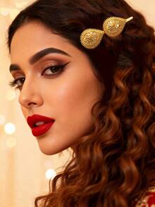 Herseygold 1pc Gold-Plated Water Drop Shaped Hairclip With Arabic Floral Pattern, Middle Eastern Wedding & Festival Headdress For Women - Gold - View 4