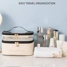 BAGCO Bolsa de cosméticos de doble capa, bolsa de cosméticos de viaje, bolsa de cosméticos impermeable de gran capacidad, caja de almacenamiento superior transparente, accesorio de viaje para mujer. - Blanco - Ver 7