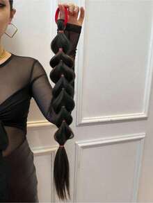 1pc Black Long Straight Ponytail Wig With Elastic Band, Women Synthetic Straight Hair Extension - Multicolor - View 3