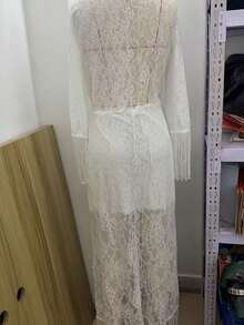 Vestido romántico blanco retro encaje cuello en V manga larga flecos - Blanco - Ver 6