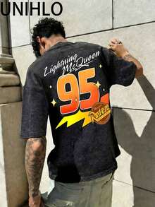 Disney UNIHLO   Lightning Mcqueen   Printed Summer Heavyweight Retro Washed Street Fashion Casual T-Shirt - 黑色 - 查看 2
