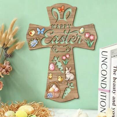 2D Flat Printed 2026 Easter Wooden Cross Hollow Welcome Door Hanging Wall Decor, Faux Wood Indoor/Outdoor Porch, Front Door, Home Decor - Modern Holiday Decoration