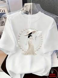 Noutăți 2026, primăvară/vară, elegantă, de lux, stilată! Tricou imprimat pentru femei - împodobit cu perle și cristale, design elegant și luxos pentru ținută casual de zi cu zi, top de primăvară/vară, cu guler rotund și mânecă scurtă, alb