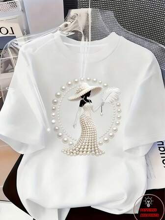 2026 Nueva llegada Primavera/Verano ¡Elegante y lujoso vestuario de alta gama con estilo! Camiseta estampada para mujer - Adornada con perlas y cristales, diseño elegante y lujoso para uso casual diario, Parte superior de manga corta y cuello redondo Blanco para Primavera/Verano