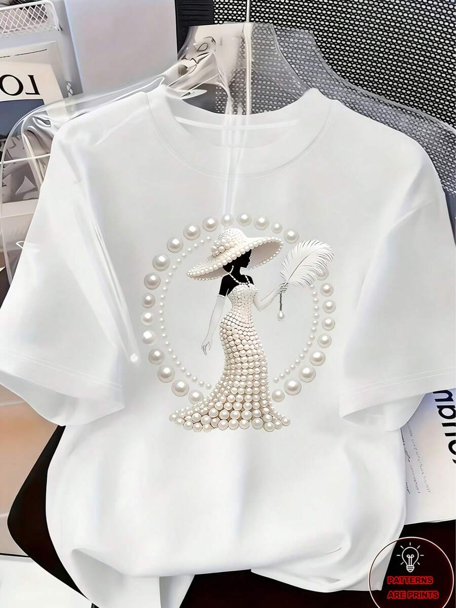 2026春夏新款优雅奢华高端时尚服饰！女士印花T恤 - 饰以珍珠和水晶，奢华优雅设计，适合日常休闲穿着，春夏圆领短袖上衣 白色