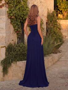 Women's V-Neck Rhinestone Decor High Waist Long Tied Open Back Dress, Formal Evening Gown For Prom Party, Elegant - Navy Blue - View 2