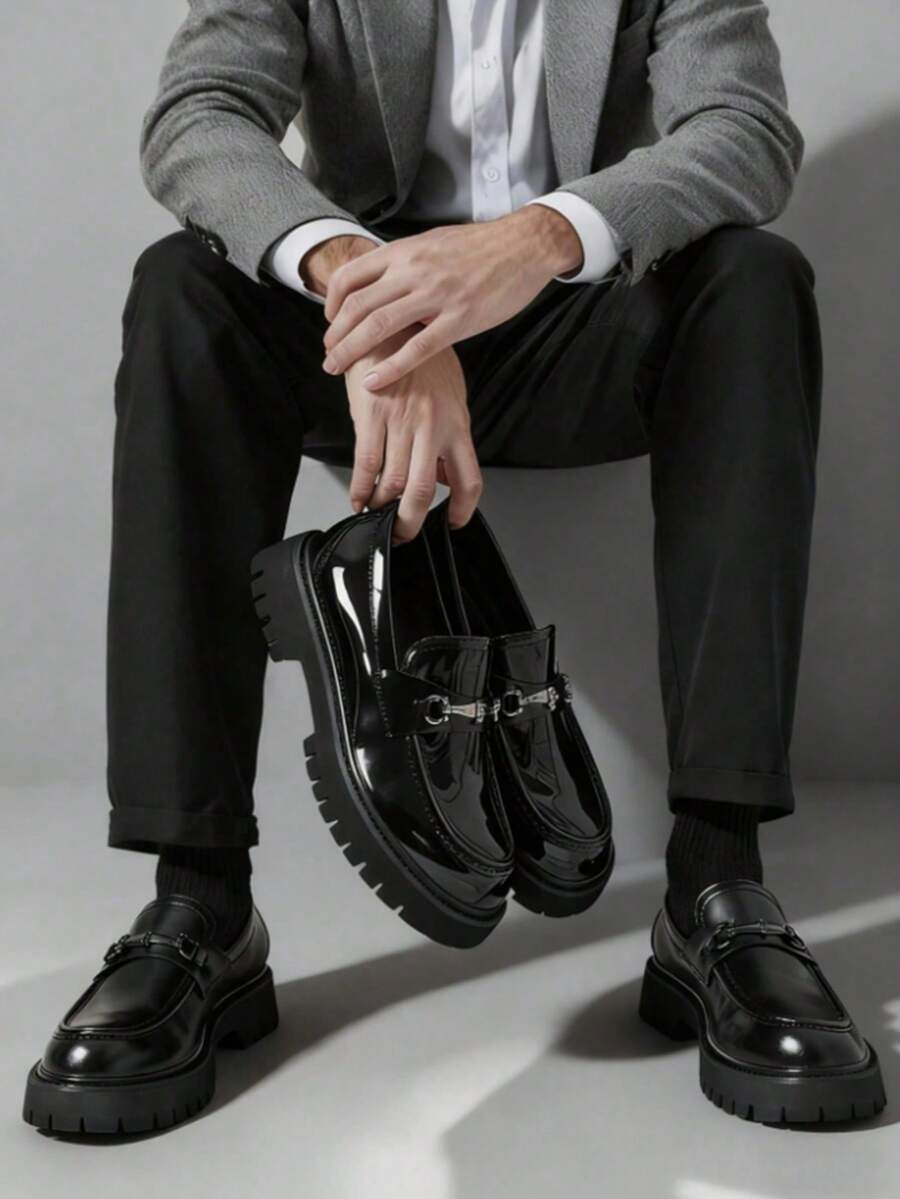 Men's Platform Buckle Loafers Patent Leather Round Headed High Quality Platform Dress Shoes Unisex Comfortable Slip-On Classic Round Toe Daily Shoes