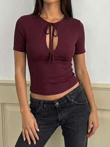 Women's Hollow Out Lace-Up Short Sleeve Tight Fitting Top, Casual Everyday Wear - Burgundy - View 3