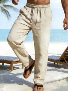 Men's Casual Solid Color Straight Linen Pants, Versatile For Spring/Autumn/Summer - Apricot - View 3