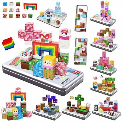 27pcs Magnetic Building Blocks, Unicorn Rainbow Garden STEM Toy, Cool Children Toy, Boys/Girls Toy, Christmas Gift, Halloween Party Favor, Back To School Gift, With Metal Tin Box