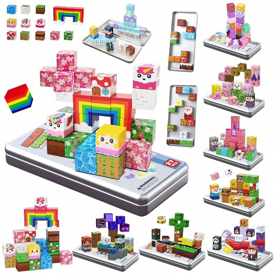 27块磁性积木，独角兽彩虹花园STEM玩具，酷炫儿童玩具，男孩/女孩玩具，圣诞礼物，万圣节派对礼物，返校礼物，带金属盒 - 彩色 - 查看 1