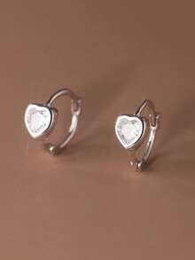 HuooNew A Pair Of 925 Sterling Silver Heart-Shaped Zirconia Inlaid Circle Ear Clasps With Temperament Is A Gift For Girls - Silver - View 6