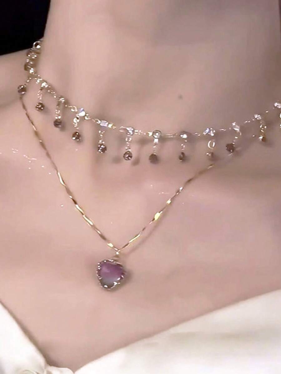 2件套紫色爱心吊坠项链，多层精致颈链，女士款 - 紫色 - 查看 1