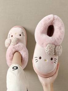 SANRIO 三丽鸥  女士可爱毛绒厚底拖鞋靴，柔软可爱室内/室外猫咪低帮人造毛皮内衬套脚雪地靴，EVA 鞋底 - 粉色 - 查看 4