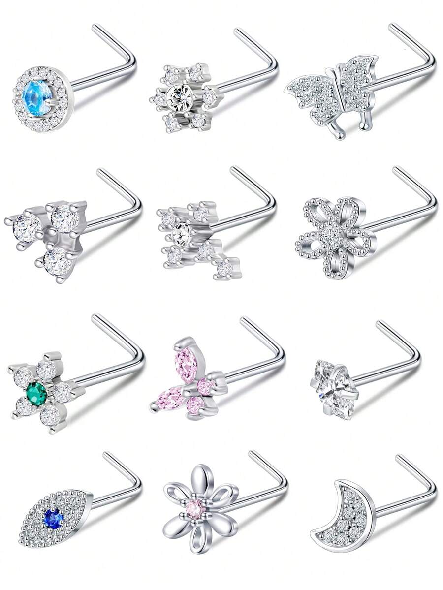 12Pcs Hypoallergenic Stainless Steel 20G Nose Rings & Studs Set With AAA+ Cubic Zirconia & Multi-Style (Butterfly, Flower, Crown) Charms For Women Daily Wear, Piercing Jewelry & Valentine's Day Gift - Style a - View 1