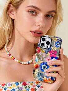 1pc Tropical Floral & Evil Eye Glitter Pattern Glossy 2-In-1 Phile Shell Full Coverage Hard Phone Case Compatible With Samsung/ 11/12/13/14/15/16/17 Pro Max - Multicolor - View 5