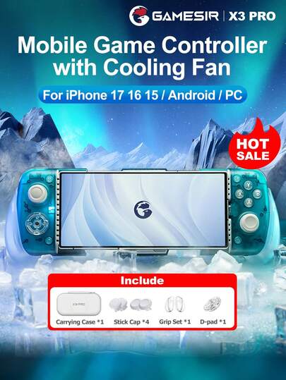  1pc GameSir X3 Pro Integrated Cooling Mobile Gaming Controller, Compatible With IPhone 17/16/15 Series, IOS, Android, HarmonyOS, With Grip Accessories, Suitable For Devices 110-180mm Long, 6-Axis Gyroscope, Vibration Motor, Hall Effect Joystick, Turbo Function, Type-C Connection
