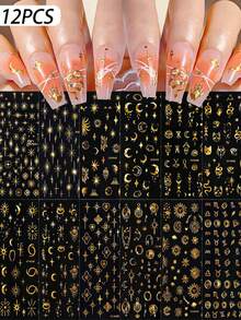 12pcs/Set 3D Black Starlight Moon Nail Art Sticker Bohemia Style Sun Snake 12Constellation Nail Decals Adhesive Nail Supplies 8*10cm - Multicolor - View 1
